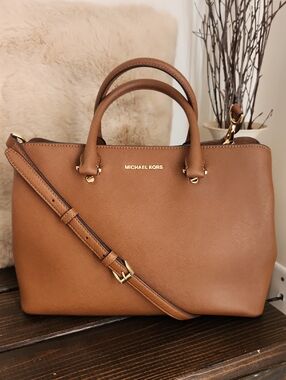 Michael Kors Medium Tan Saffiano Leather Satchel with Gold Hardware